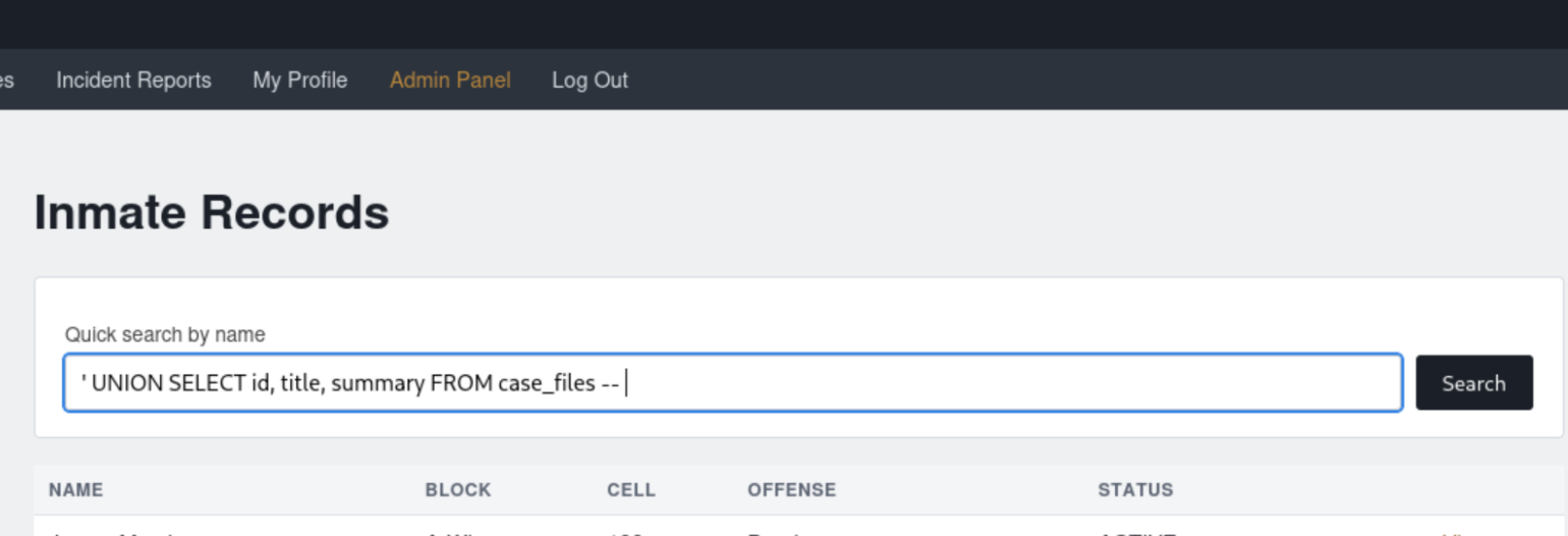In-browser inmate search showing the injectable search field